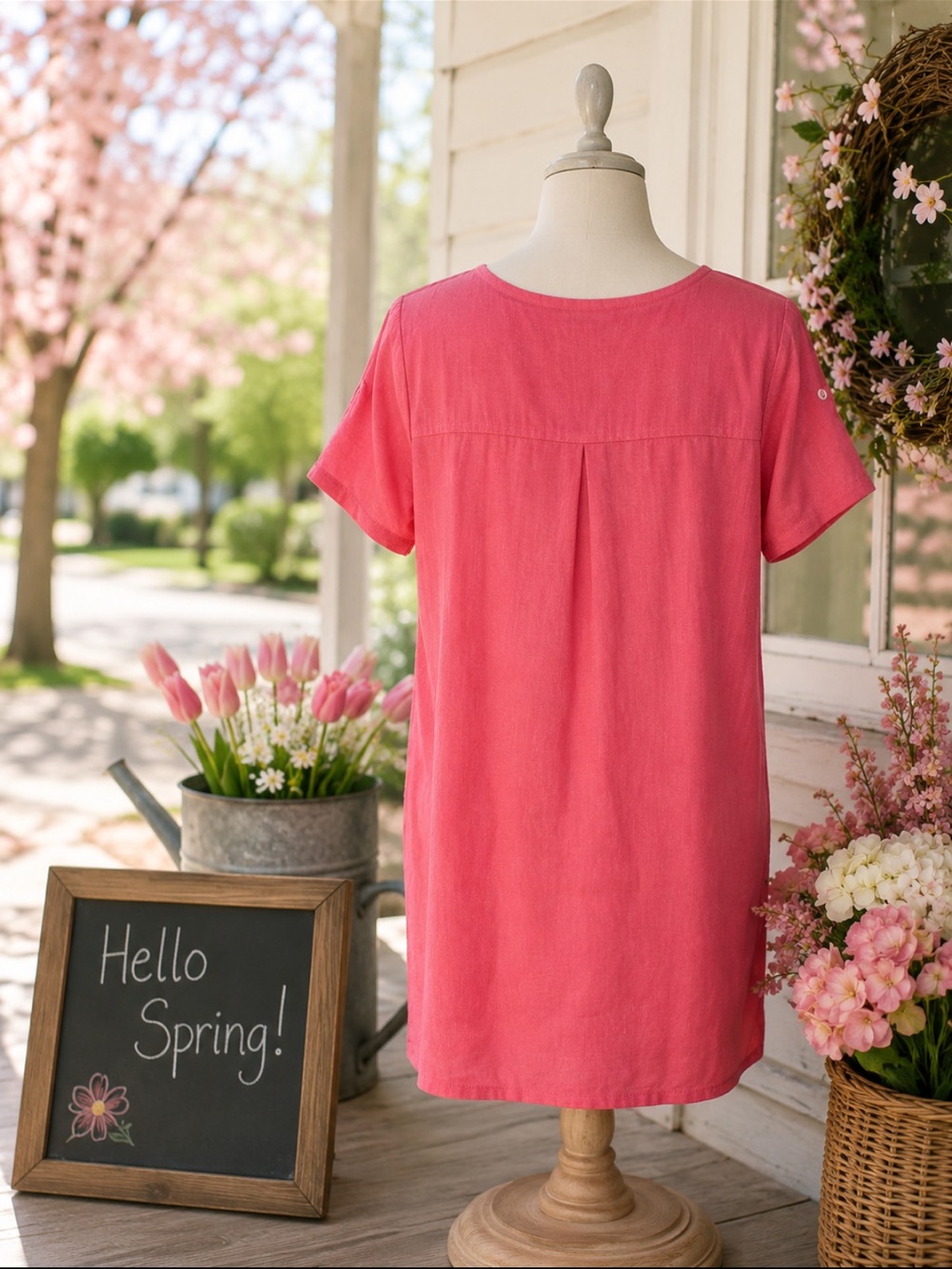 j. Jill Love Linen Size Medium Pink Roll Tab Short Sleeve Sheath Dress Pockets - Picture 2 of 5